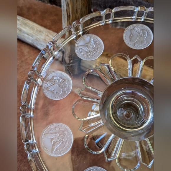 Antique 1892 Silver Dollar Glass Pedestal Cake Stand W Frosted Morgan Dollar - Picture 7 of 15